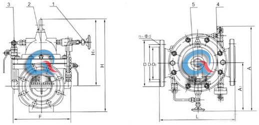 300X緩閉止回閥 外形結構圖 (1、針閥2、主閥3、球閥4、壓力表5、單向閥）
