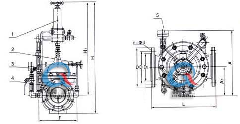 500X持壓泄壓閥 外形結(jié)構(gòu)圖(1、導(dǎo)閥2、針閥3、球閥4、主閥5、壓力表)